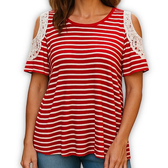 Soft Surroundings Red Stripe Cold Shoulder Tee Shirt PM New - Picture 1 of 10